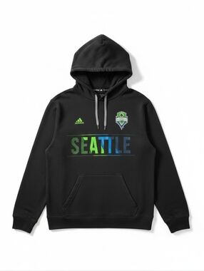Adidas Seattle Sounders FC MLS Black Pullover Hoodie Blue Green Graphic Size M
